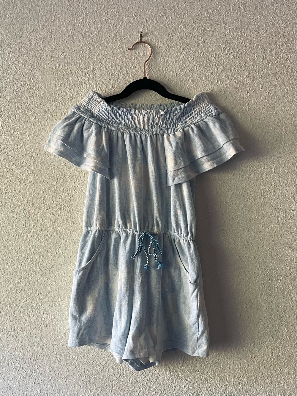 Hannah Banana Girls Size 7 Romper Blue White Ruffle Off Shoulder Shorts